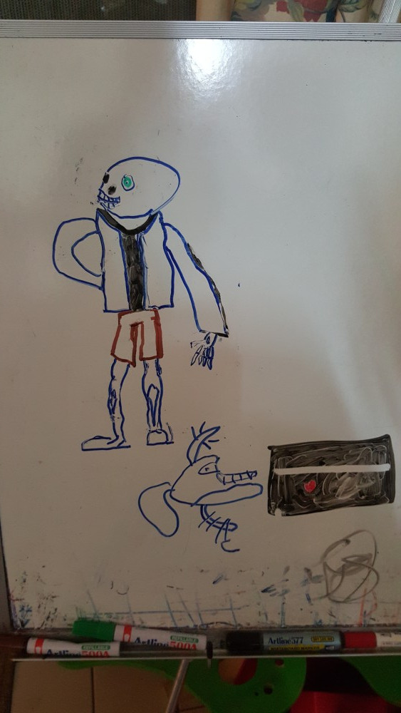 11yo's drawing of Sans from Undertale on the whiteboard