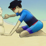 Taji and Rei building a sandman because it's summer in Australia