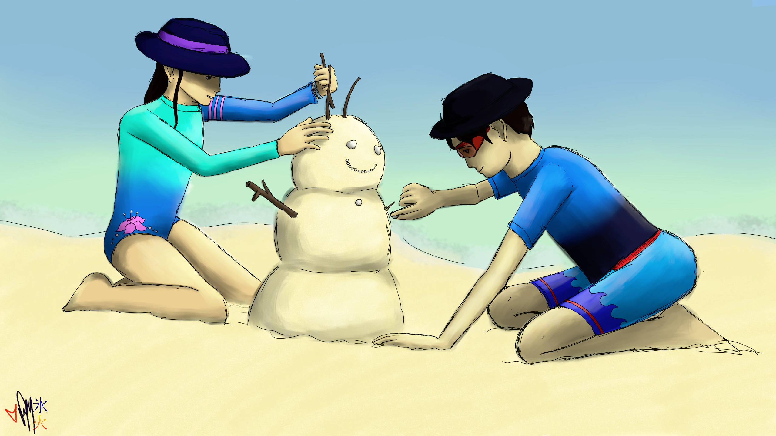 Taji and Rei building a sandman on a beach at Christmas