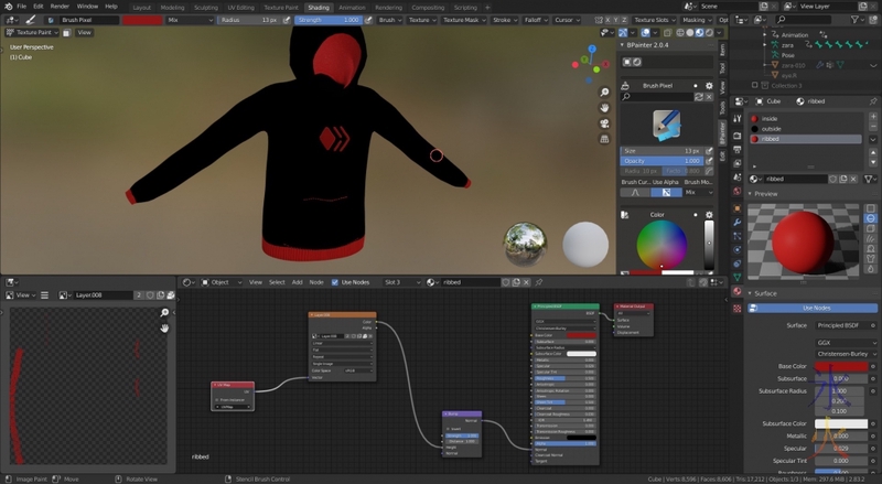 Blender 2.8 painting hive logo and hoodie ribbing in bpainter