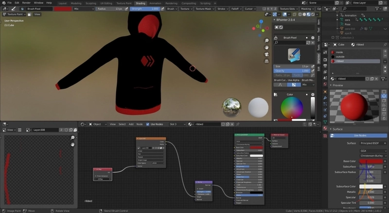 Blender 2.8 painting hive logo and hoodie ribbing in bpainter