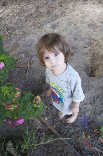 toddler next to geranium type plant