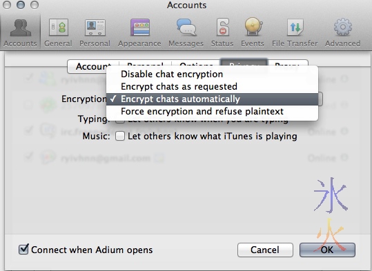 Setting Adium to encrypt chats