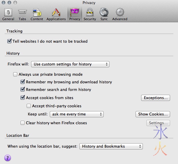 Firefox preferences privacy pane