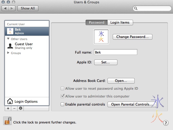 OSX user account password tab