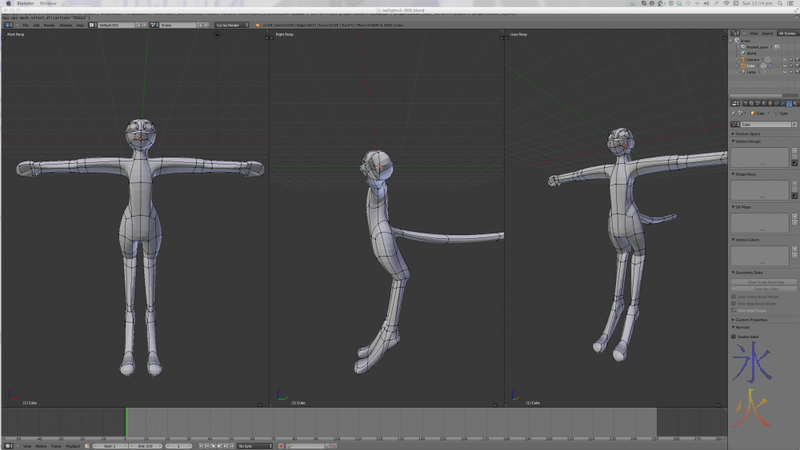 Modelling character in Blender, front side and 3/4 views