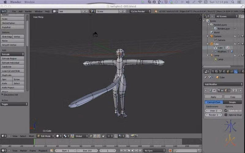 Modelling character in Blender, single pane view on the Cintiq