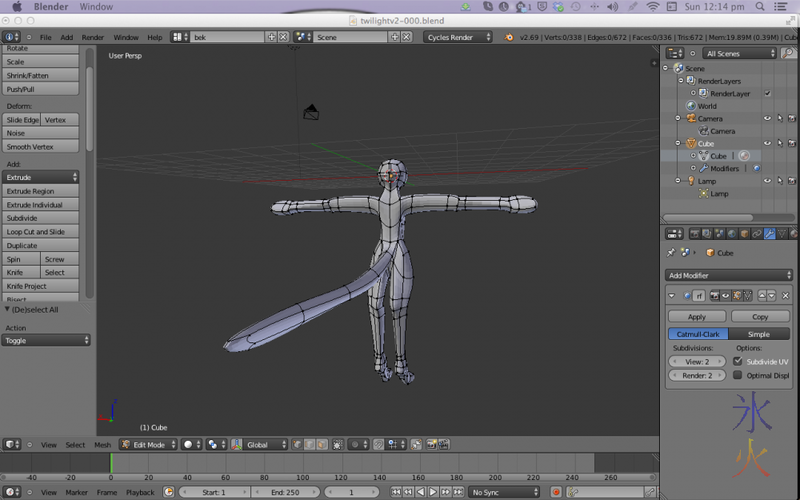 Modelling character in Blender, single pane view on the Cintiq