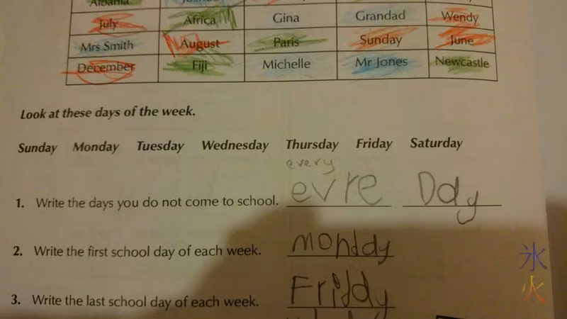 7yo English workbook - doesn't go to school every day
