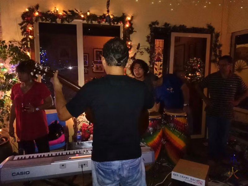 Band taking cover on patio