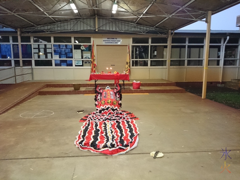 Lion and altar set up for eye dotting ceremony