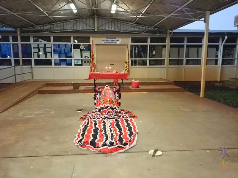 Lion and altar set up for eye dotting ceremony