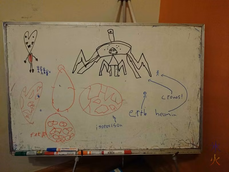 Alien designs on the whiteboard by 10yo and 8yo