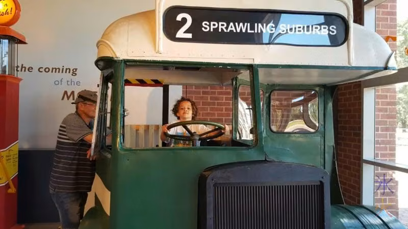 Test driving a section of an old bus at the transport museum at Whiteman Park, Western Australia