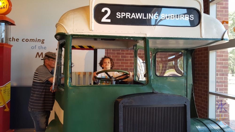 Test driving a section of an old bus at the transport museum at Whiteman Park, Western Australia