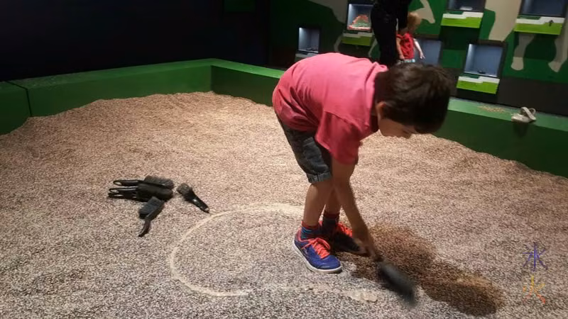 7yo digging up fossils in SciTech's dinosaur exhibit