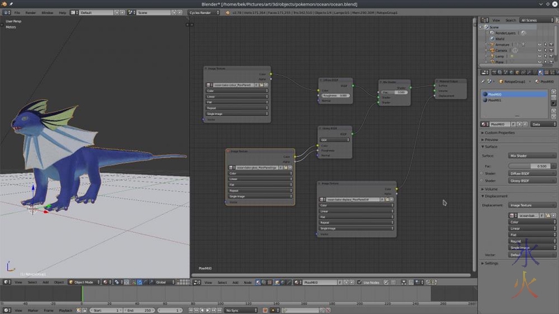 Blender screenshot showing node tree and material panel