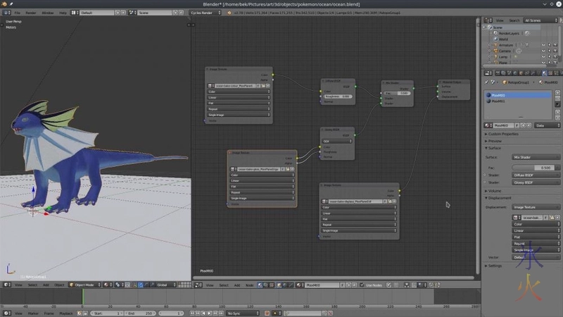 Blender screenshot showing node tree and material panel