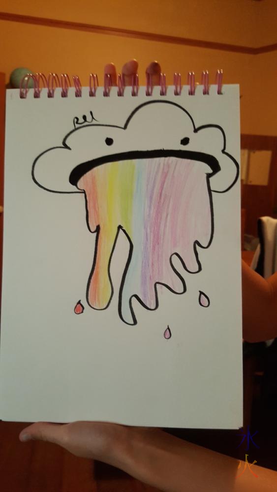 10yo's drawing of a cloud puking a rainbow