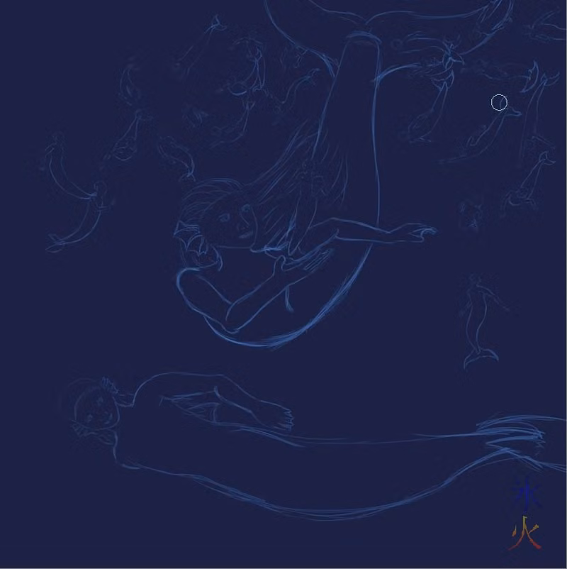 sketch in blue pencil with water base background