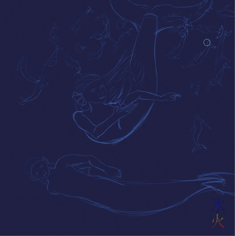 sketch in blue pencil with water base background