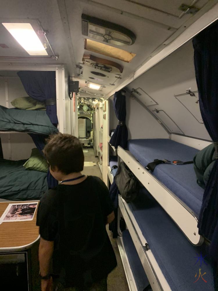 10yo looking at crew living/sleeping area on HMAS Ovens, Maritime Museum, Fremantle, Western Australia