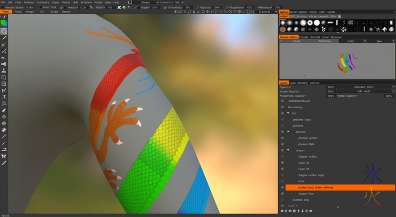 shiny dragon scales being painted in 3d Coat