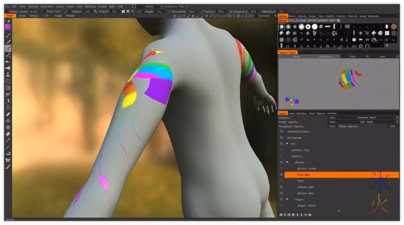 shiny phoenix tattoo on 3d character