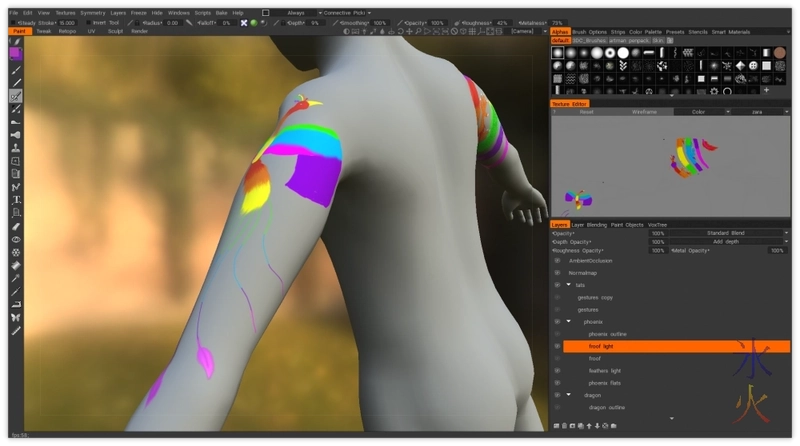 shiny phoenix tattoo on 3d character