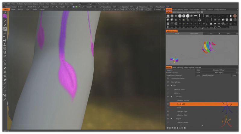 close up of shiny phoenix tattoo in 3dCoat close up of shiny phoenix tattoo in 3dCoat