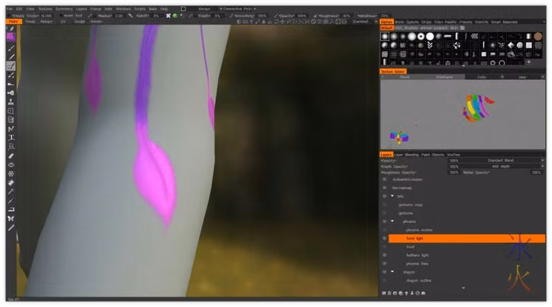 close up of shiny phoenix tattoo in 3dCoat