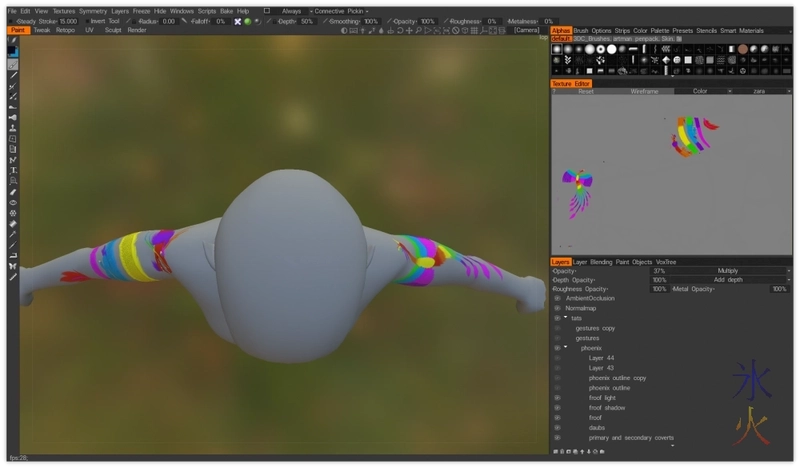 dragon and phoenix tattoo on 3d character top view
