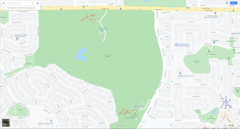 Google Maps screenie showing where we parked vs where we had to be at Piney Lakes Reserve, Bateman, Western Australia