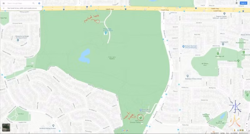 Google Maps screenie showing where we parked vs where we had to be at Piney Lakes Reserve, Bateman, Western Australia