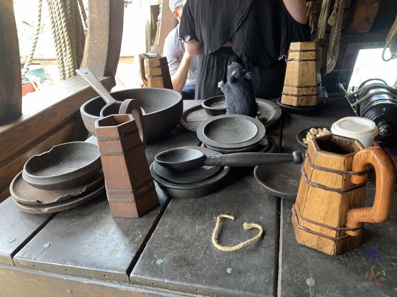 cutlery and crockery samples and a rat plushie aboard the Duyfken replica, AQWA, Western Australia