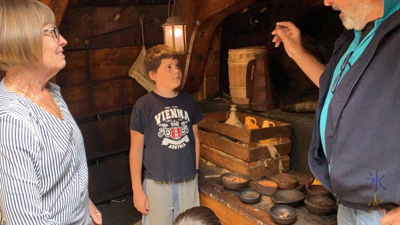 10yo listening o guide talk about spices and stuff aboard Duyfken replica, AQWA, Western Australia