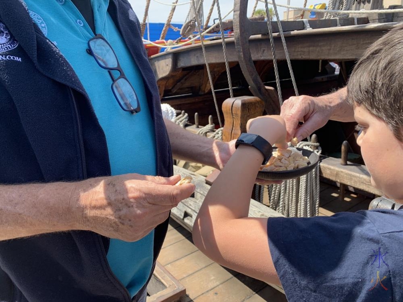 10yo checking out ship biscuits on the Duyfken replica, AQWA, Western Australia