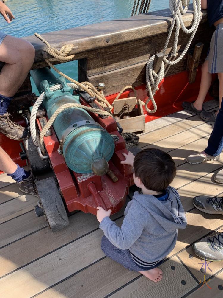 3yo playing with cannon on board Duyfken replica, AQWA, Western Australia