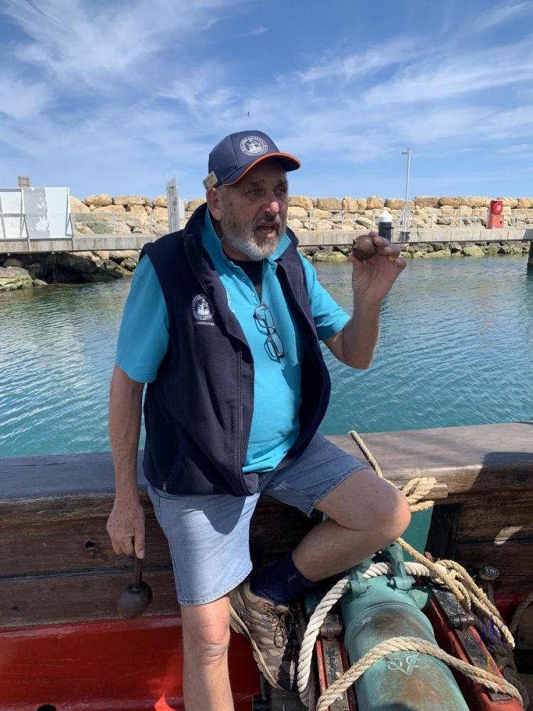 guide explaining anti-personnel cannonballs on board the Duyfken replica, AQWA, Western Australia