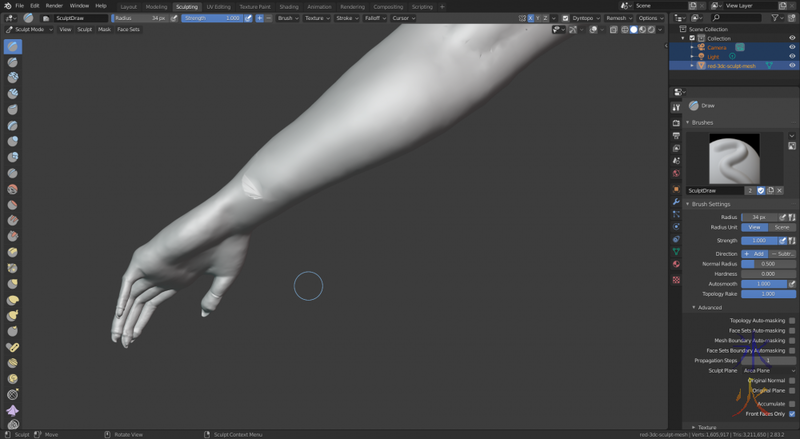 sculpting in Blender showing where there's too much of a difference in tris