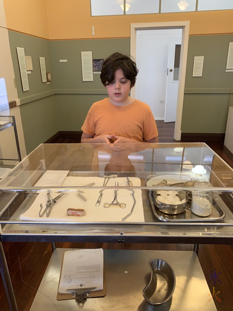 11yo looking at oldschool dental equipment at Heathcote Museum, Applecross, Western Australia