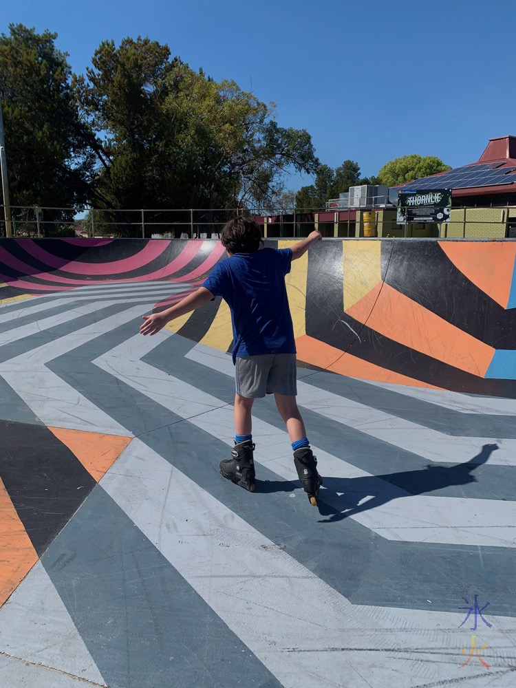 11yo learning to inline skate at Thornlie Skate Park, Thornlie, Western Australia