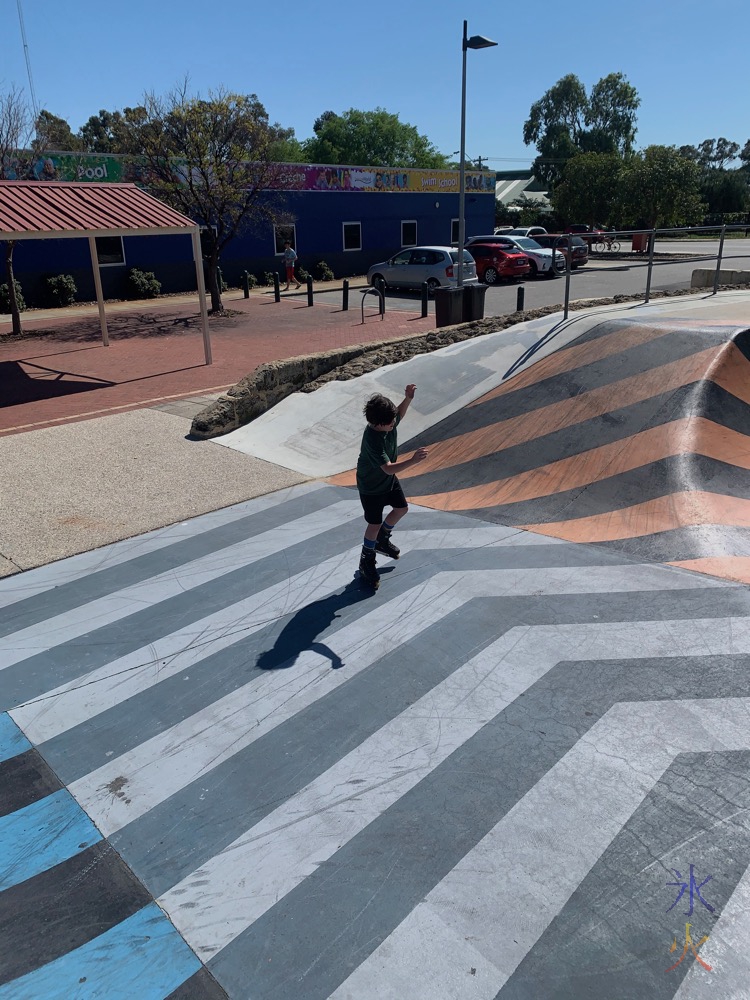 11yo learning to inline skate at Thornlie Skate Park, Thornlie, Western Australia