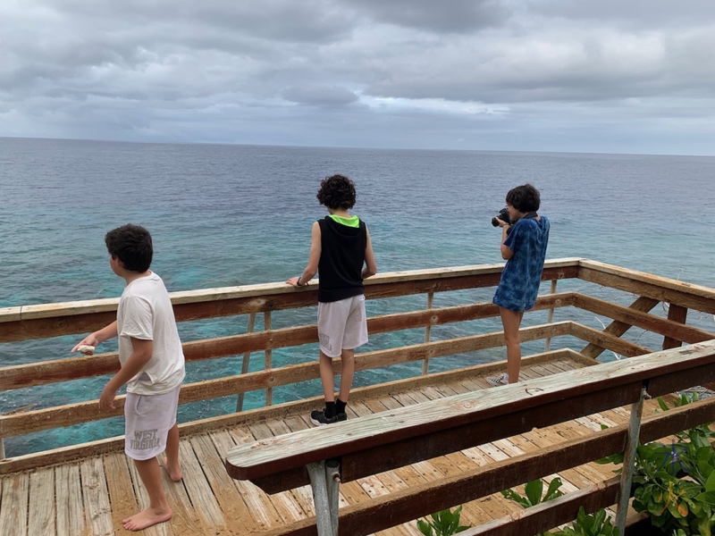 kids at lookout 'upstairs' at Lily Beach, Christmas Island