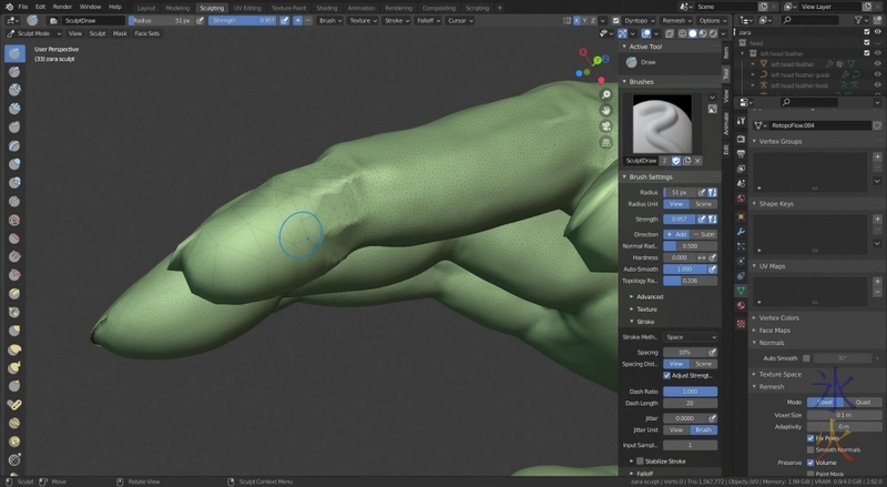 closeup of fingers being sculpted in Blender 2.92