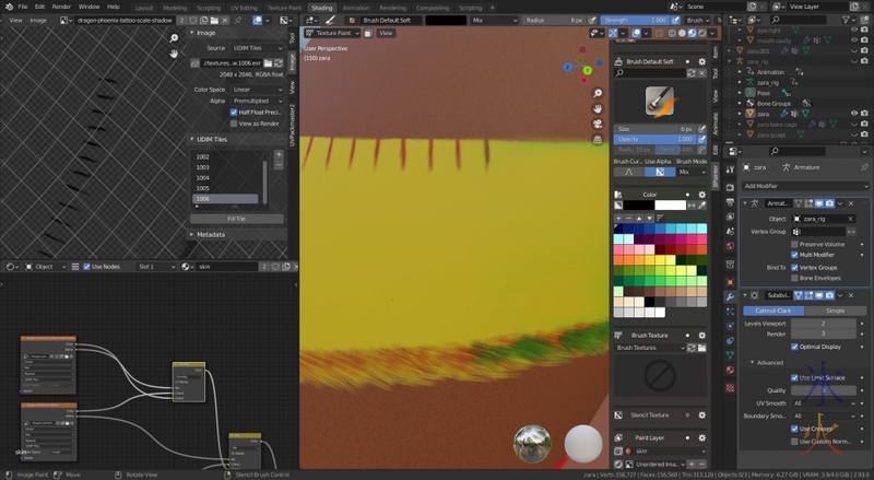 dragon phoenix tattoo reworking belly scales in bpainter in Blender 2.93
