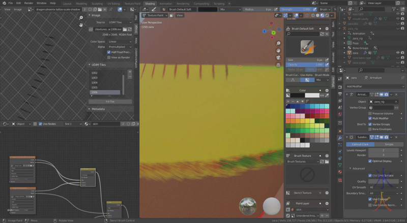 dragon phoenix tattoo reworking belly scales in bpainter in Blender 2.93 dragon phoenix tattoo reworking belly scales in bpainter in Blender 2.93