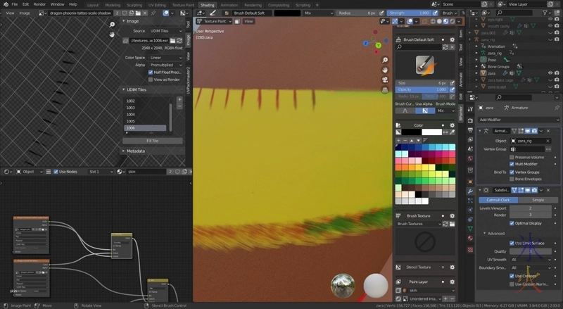 dragon phoenix tattoo reworking belly scales in bpainter in Blender 2.93
