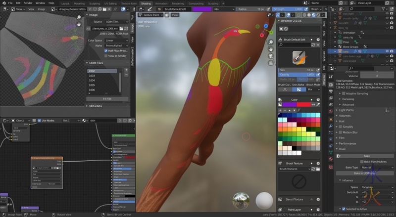 drawing phoenix tattoo in bpainter, blender 2.93.3