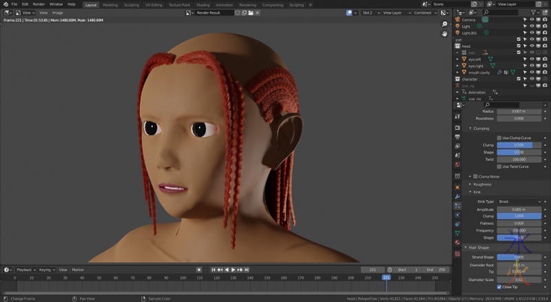 dreadlock attempt with braid kink settings in Blender 2.93.4